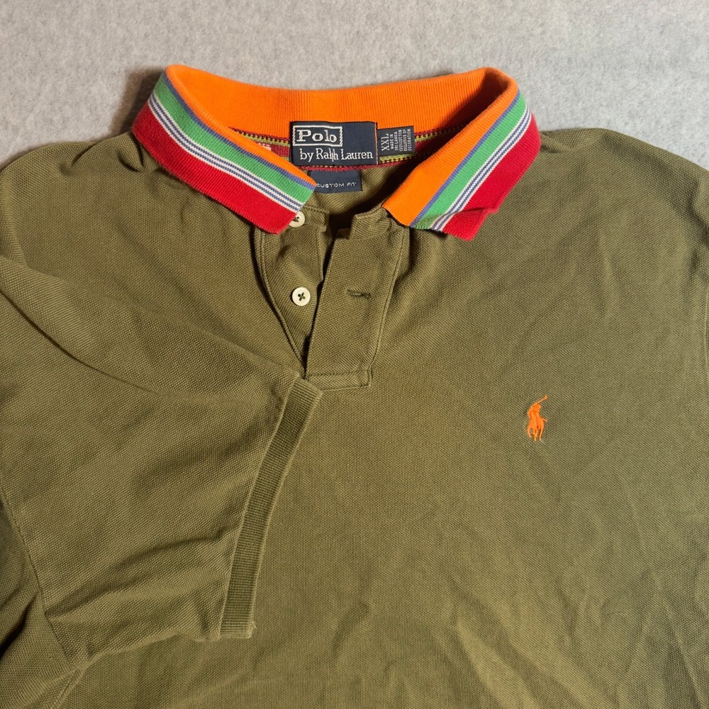 Polo Ralph Lauren Mens XXL Olive Green Striped Collar Custom Fit Polo Shirt
